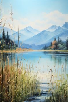 a painting of mountains and water with reeds in the foreground on a sunny day