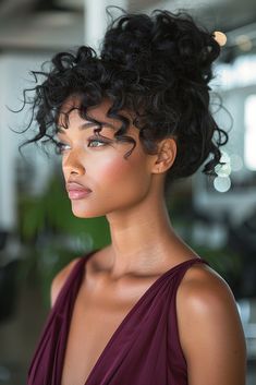 Woman with a sleek curly updo and delicate wispy bangs. Pin Up Updo Hairstyles, Curly Updo Bangs, Curly Hair Hairstyles Wedding, Curly Hair With Bangs Updo, Curly Hair Formal Updo, Curly Bangs Updo, Curly Upstyles, Curly Updo With Bangs, Curl Bob Hairstyles