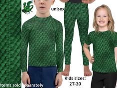 two children's green pajamas and one child's blue pants with an image of a crab on it