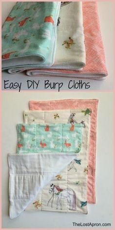 four different types of baby burp cloths are shown with the words easy diy burp cloths