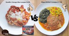 two plates with different types of food on them, one has meat and the other has lasagna