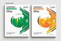 two business brochures with city skylines in green and orange colors on white background