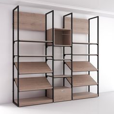 an empty room with shelving unit in it