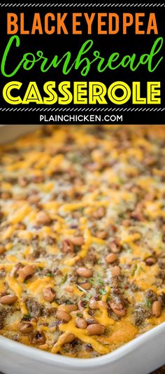 black eyed pea casserole with cheese and ground beef in a white baking dish