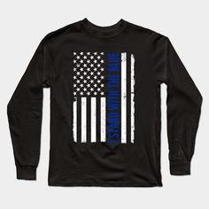 an american flag with the words police and thin blue line on it in white letters