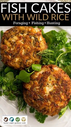 fish cakes with wild rice on a white plate topped with green leaves and garnish