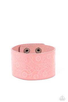 A flowery and leafy motif blooms across the front of a distressed pink leather band, resulting in a rustic floral centerpiece around the wrist. Features an adjustable snap closure.   Sold as one individual bracelet. Accessories Website, Pink Wrap, Floral Centerpiece, Snap Bracelets, Pink Bubbles, Pink Jewelry, Bracelet Online, Paparazzi Accessories, Affordable Jewelry