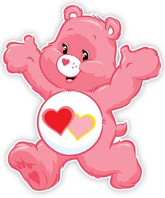 a pink teddy bear holding a heart sticker on it's back and arms