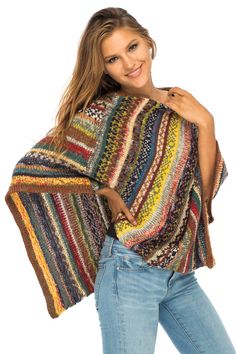 a woman wearing a multicolored knitted shawl