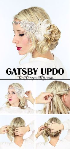 The perfect Gatsby Hairstyles for your 1920 flapper girl costume! Come checkout the vintage updo and watch the easy to follow video tutorial! | thebeautyspotqld.com.au Gatsby Updo, Gatsby Hairstyles, Sanggul Cepol, Great Gatsby Hairstyles, Flapper Girl Costumes, Look Gatsby, 20s Hair, Flapper Girls, Flapper Hair