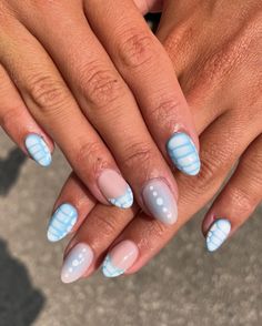 nail dumpppp Blue Chrome Nails With Design, Bahamas Vacation Nails, Nail Ideas For Hawaii Vacation, White Nail Designs Almond, Cute Nail Ideas Summer, Gel X Nail Ideas, Light Blue Nails With Design, Fun Colorful Nails, Uñas Summer