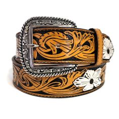 "Hey there! Ready to flaunt your casual style with this stunning embossed sunflower belt? It's made from real leather and comes with snaps for easy buckle removal. This belt is perfect for dressing up or down and will definitely add a touch of bohemian-chic style to any outfit. Go ahead and rock that look!" to any outfit. Go ahead and rock that look!" *HANDMADE  with love and care with the help of talented artisans for an authentic look. *EMBOSSED LEATHER, engraved classic buckle *Features snaps Adjustable Hand-tooled Belts, Sunflower Belt, Country Belts, Belt Jeans, Leather Engraved, Womens Belt, Handmade Leather Belt, Bohemian Chic Fashion, Belt Brown