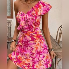 Women's Pink Tropical One Shoulder Dress New In Boutique Cuban Dress Havana Nights, Flirty Pink One-shoulder Dress, Pink One-shoulder Mini Dress For Garden Party, Pink Floral Print Knee-length Mini Dress, Pink Floral Print Mini Dress, Knee-length, Pink Sleeveless Mini Dress For Garden Party, Sleeveless Pink Mini Dress For Garden Party, Flirty One-shoulder Pink Mini Dress, Flirty Pink One-shoulder Mini Dress