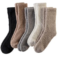 five pairs of socks with fuzzy feet in various colors and sizes, all lined up