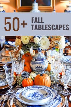 Vintage fall tablescape with blue and white dinnerware and pumpkins. Blue And White Fall Table Decor, Chinoiserie Fall Tablescape, Turquoise Thanksgiving Table, Blue Green Tablescape, Blue And White Fall Tablescape, Thanksgiving Tablescapes Blue, Blue Willow Table Setting, Blue And White Thanksgiving Tablescape, Vintage Thanksgiving Tablescapes