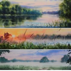 three watercolor paintings of trees, grass and the sun setting over a body of water