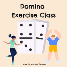 two people standing next to each other near a giant domino board with the words domino exercise class on it