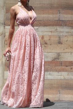 "LACE OVERLAY BACKLESS MAXI DRESS-CUT EDGE HEM Color: Pink Fabric: 100% Length: 60\" Adjustable spaghetti straps Lined at bust V neckline -Fully lined skirt with double slits 28\" -Back invisible zipper Measurements: waist right under bust line S: 26\" M: 28\", L: 30\" Model is wearing size Small. Model's measurements: height 5'6\"( 35\"/25\"/34\") ALL SALES ARE FINAL." Lace Dress Maxi, Lace Crochet Dress, Pink Lace Dress, Pink Summer Dress, Crochet Lace Dress, Lace Pink Dress, Wedding Cocktail, Backless Maxi Dresses, Evening Wedding