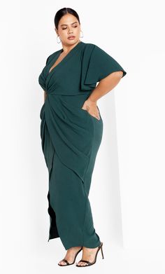 Elegant Green Draped Dress, Flowy Dress With Draped Short Sleeves, Green Pre-draped Ruched Dress, Pre-draped Ruched Green Dress, Elegant Midi Dress With Flutter Sleeves For Date Night, Fitted Green Midi Dress With Draped Sleeves, Green Fitted Dress With Draped Sleeves, Chic Green Dress With Draped Sleeves, Chic Green Dress With Butterfly Sleeves