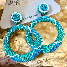 Gorgeous, One Of A Kind Beaded Hoop Earrings In Lush Turquoise & White Hues By Jewelry Designer Deepa Gurnani, Whose Work Is Often Featured By Anthropologie. Elegant, Lightweight, Guaranteed To Draw Compliments. Pair Them With Your Favorite Boho Tops & Jeans As Well As Dressier Outfits. Designed By Deepa & Handmade According To Her Specifications In India, With Delicate Glass Beads, Post Backs & Vegan Leather Backing. Approx. 2 1/2” Long, 2” Wide. Nwt Handmade Blue Beaded Small Hoop Earrings, Handmade Blue Beaded Hoop Earrings, Blue Beaded Small Hoop Jewelry, Blue Beaded Small Hoop Earrings, Blue Beaded Circle Jewelry, Blue Hoop Beaded Earrings With Tiny Beads, Blue Small Hoop Earrings For Summer, Blue Small Hoop Beaded Earrings For Summer, Bohemian Blue Beaded Small Hoop Earrings