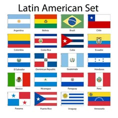 the flags of latin america set in different colors and sizes, all with their respective country names