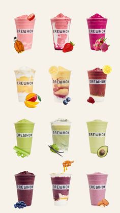 the cups have different types of fruit in them