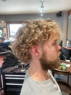 mens curly hair perm on male with medium blonde hair Blonde Perm Men, Lose Perm Men, Guy Permed Hair, Light Perm Men Wavy, Wavy Perm Guy Hair, Soft Perm Men, Blonde Curly Hair Men, Men’s Perm, Perm Guys Hair