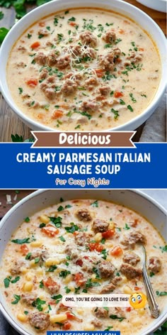 two bowls of creamy parmesan italian sausage soup