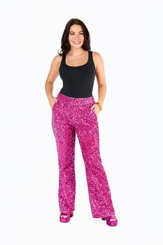 BuddyLove | Shannon High-Waisted Pants | Highkey Glamorous Straight Leg Sequin Pants, Glamorous Sequin Straight Leg Pants, Trendy Stretch Bottoms With Sequins, Trendy Stretch Sequined Bottoms, Sequined Straight Leg Pants For Night Out, Stretch Straight Leg Pants With Sequins, Straight Leg Party Pants With Elastic Waistband, Disco Style Contrast Sequin Bottoms For Spring, Trendy Pants For Night Out And Party Season