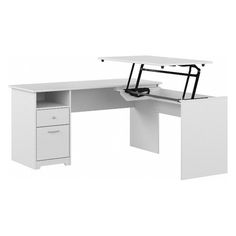 an office desk with two drawers and a computer monitor on top of it, in front of a white background