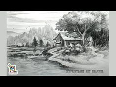 a pencil drawing of a cabin by the water