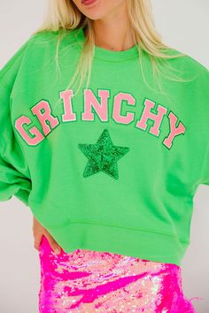 GRINCHY STAR PINK LETTER PULLOVER (PRE-ORDER) PULLOVER Judith March Trendy Green Sweatshirt, Red Sequin Skirt, Christmas Costumes Women, Southern Outfits, Feather Skirt, Cute Pjs, Green Pullover, Cropped Pullover, Pink Letter