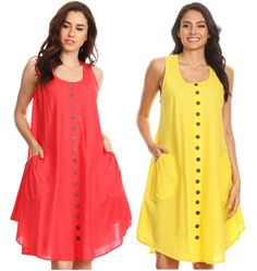 Simple easy to wear sleeveless dress, scoop neck, round pockets  with elastic, decorative buttons at front. This casual dress flares from  bust to hem, half circle hem. Sleeveless Button Sundress For Spring, Red Sleeveless Dress With Buttons, Red Sleeveless Mini Dress With Buttons, Sleeveless Buttoned Beach Dress, Sleeveless Dress With Buttons, Sleeveless Button Dress For Beach, Sleeveless Beach Dress With Buttons For Summer, Sleeveless Beach Dress With Buttons, Summer Beach Sleeveless Dress With Buttons