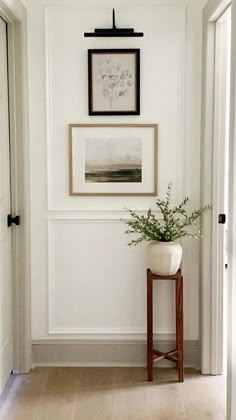 a white hallway with pictures on the wall and a plant in a vase next to it