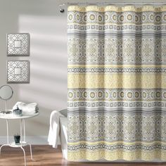 Yellow_Gray Shower Curtain With Valance, Stripe Shower Curtain, Stylish Shower Curtain, Yellow Bathroom, Striped Shower Curtains, Lush Decor, White Shower Curtain, Beautiful Style, Guest Bathroom