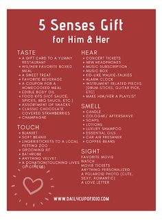 the 5 senses gift list for him and her with text overlaying it in red