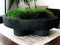 a table topped with green grass on top of a wooden table