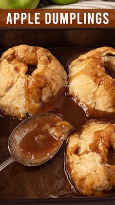 apple dumplings with caramel sauce in a baking pan