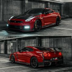 two pictures of a red sports car in an empty parking lot, one showing the front and side view