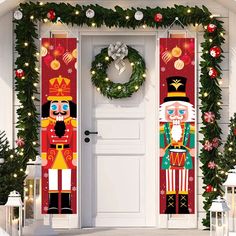 two christmas decorations on the front door of a white house with wreaths and lights