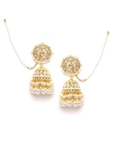 These gorgeous flower & dome shaped jhumki earrings come with kundan stone studs and off-white beaded danglers, are gold-plated, and secured with a post and back closure. Comes with beaded detachable ear chains. These handcrafted jhumkis can be styled with any traditional outfit, or an evening outfit to complete a dazzling look. Product color may vary based on the monitor or screen you are using.See FAQ for more details. Size Length of earring: 5.5 cmLength of ear chain: 10.5 cm Details Material Traditional Dangling Beads Earrings For Reception, White Jhumkas For Diwali Reception, White Jhumkas For Reception And Festivals, White Jhumkas With Latkans For Reception, White Temple Jewelry Jhumkas For Reception, White Bollywood Earrings For Reception, White Bollywood Jhumkas For Reception, Bollywood White Earrings For Reception, Traditional White Jhumkas For Reception