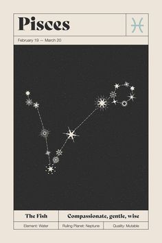 the pisces zodiac sign is depicted in this black and white poster with stars