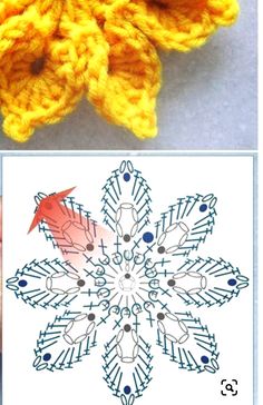 there is a crochet snowflake pattern on the left and an image of a knitted snowflake on the right