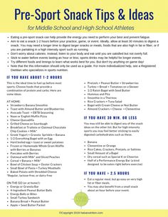 a poster with the words pre - sport snack tips and ideas for middle school and high school athletes