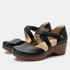 Savina Coal Shoe | Alegria Shoes Womens Shoes Wedges Work, Leather Wedge Heel Clogs With Buckle Closure, Spring Clogs With 4-inch Wedge Heel, Brown Clogs With Cork-bed Midsoles And Flat Heel, Open Toe Wooden Clogs With Cork-bed Midsoles, Black Closed Toe Wedge Sandals With Cork-bed Midsoles, Supportive Sandals, Alegria Shoes, Medical Outfit