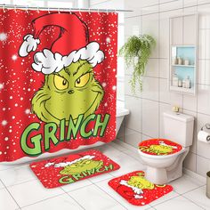 PRICES MAY VARY. User-Friendly Design: Our Christmas-themed shower curtain set comes with 12 hooks for easy hanging. The curtain features a weighted hem ensuring a perfect drape. The set also includes a lid cover with a durable wide elastic band and a non-slip bath mat. With just a few minutes of setup, bring a magical Christmas transformation to your bathroom. Premium Material: Our Christmas shower curtain set is made of comfortable, waterproof, and durable polyester fabric. The non-slip bath m Hotel Bathrooms, Christmas Bathroom Sets, Theme Bathroom, Christmas Shower Curtain, Holiday Bathroom, Grinch Decorations, Rv Bathroom, Grinch Christmas Decorations, Christmas Shower