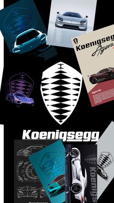 an advertisement for the koenigsegg company with cars and logos on it