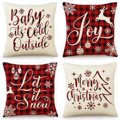 three pillows with christmas designs on them, one is red and the other is white