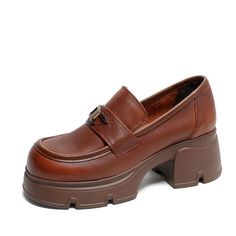 Gender: Women Type: Loafers Main Materials: Cowhide Insole: Pigskin Sole: Rubber Type of Closure: Slip-on Style: Daily, Casual, Retro Season: Spring, Autumn Heel Height: High (6 cm) Trendy Leather Platform Loafers For Business, Brown Leather Pointed Toe Platform Loafers, Trendy Brown Platform Loafers With Round Toe, Trendy Brown Round Toe Platform Loafers, Platform Slip-on Oxfords For Office, Slip-on Platform Oxfords For Office, Brown Platform Oxfords For Fall, Brown Almond Toe Platform Loafers For Office, Platform Loafers With Faux Leather And Round Toe