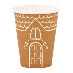 a paper cup with an image of a house on it